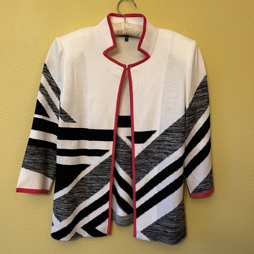 Ming Wang Open Front Cardigan, Black and White With Pink Trim, Size XS‎